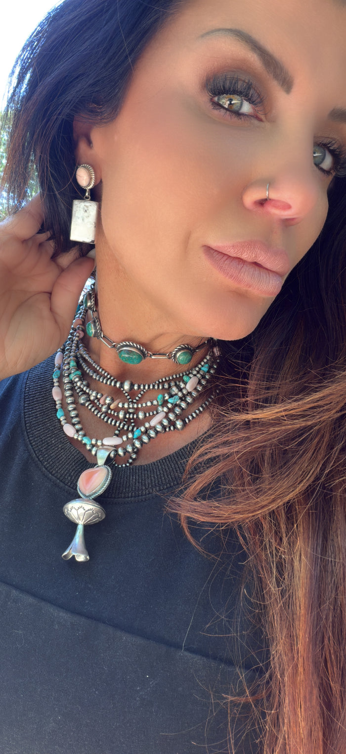 Native Strung, Handcrafted Turquoise, Queen Pink Conch Shell and Sterling Silver Pearl Beaded Necklace 16”