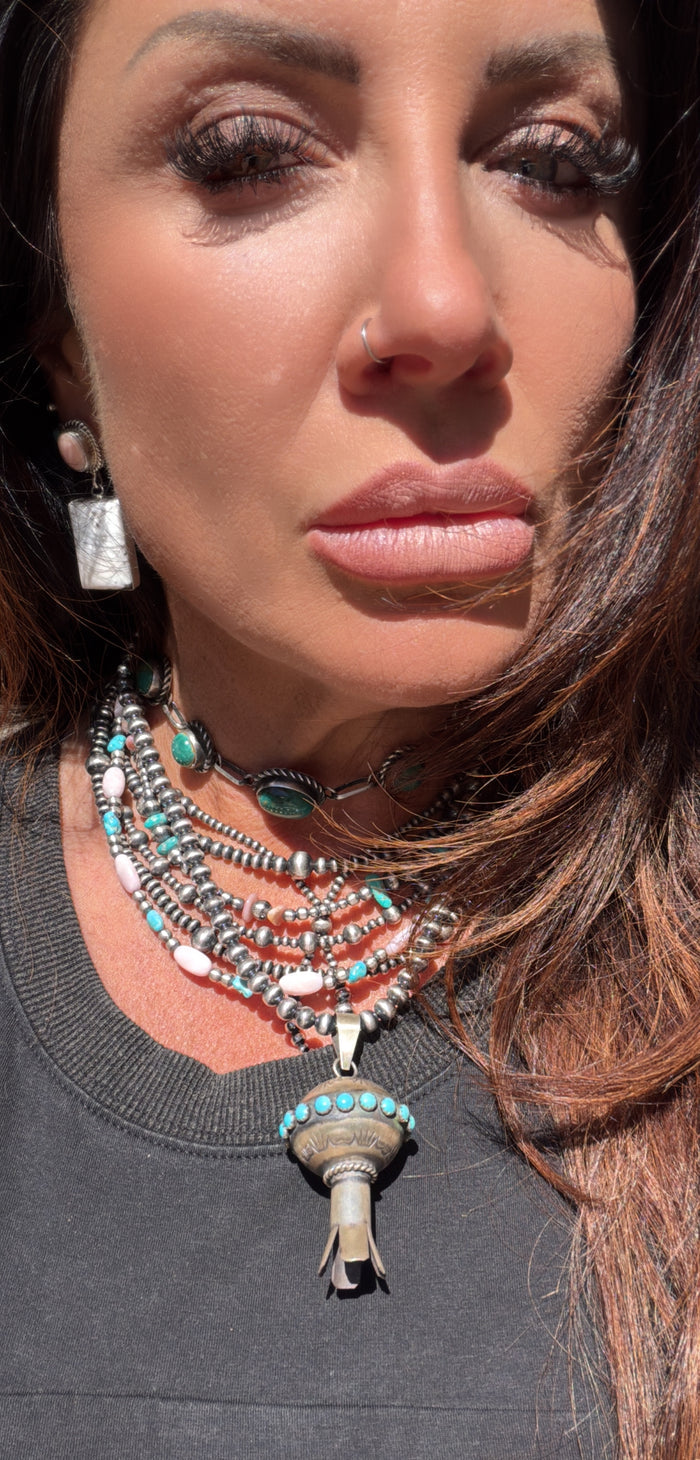 Native Strung, Handcrafted Turquoise, Queen Pink Conch Shell and Sterling Silver Pearl Beaded Necklace 16”