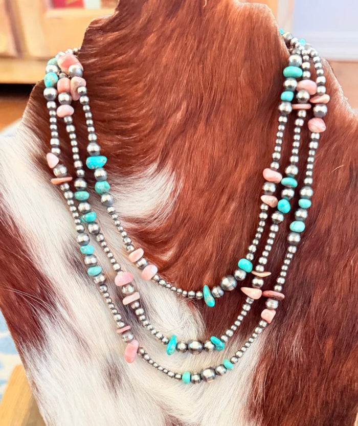 Native Strung, Handcrafted Turquoise, Queen Pink Conch Shell and Sterling Silver Pearl Beaded Necklace 16”
