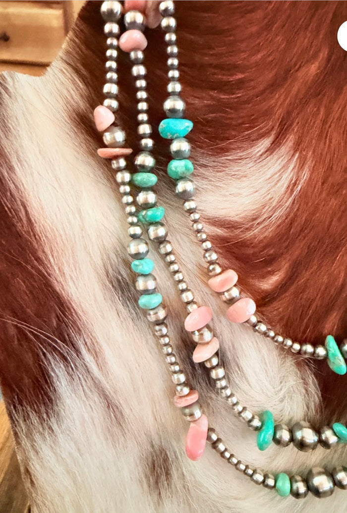 Native Strung, Handcrafted Turquoise, Queen Pink Conch Shell and Sterling Silver Pearl Beaded Necklace 16”