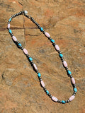 Native Stung, Hand craftedSterling Silver Pearl Beaded, Turquoise and Queen Pink Conch Shell Necklace 18”