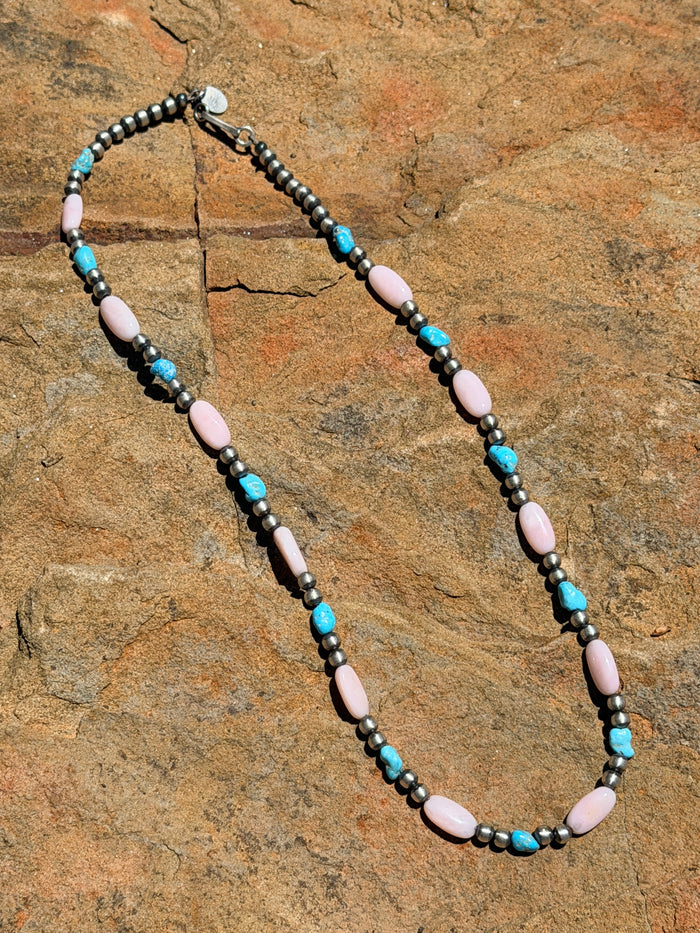 Native Stung, Hand craftedSterling Silver Pearl Beaded, Turquoise and Queen Pink Conch Shell Necklace 18”