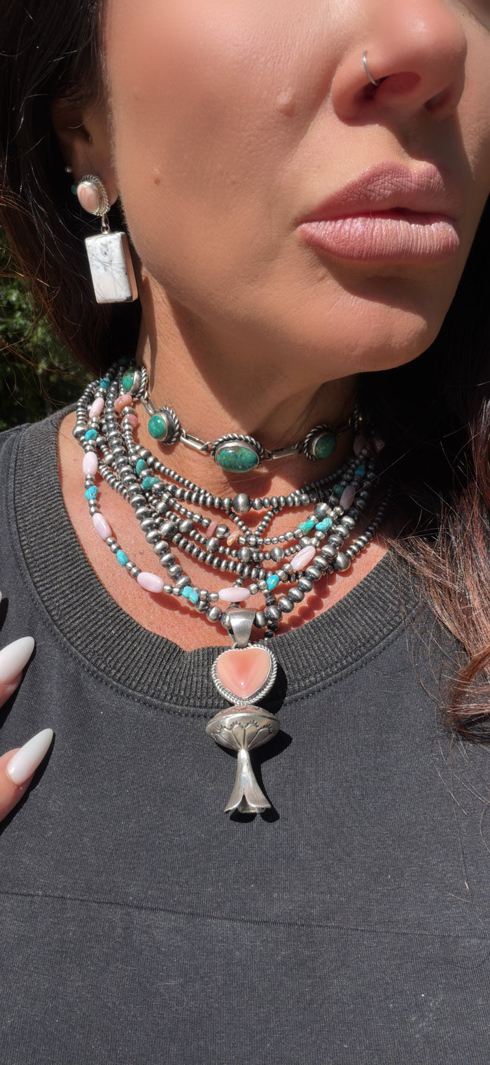 Native Stung, Hand craftedSterling Silver Pearl Beaded, Turquoise and Queen Pink Conch Shell Necklace 18”