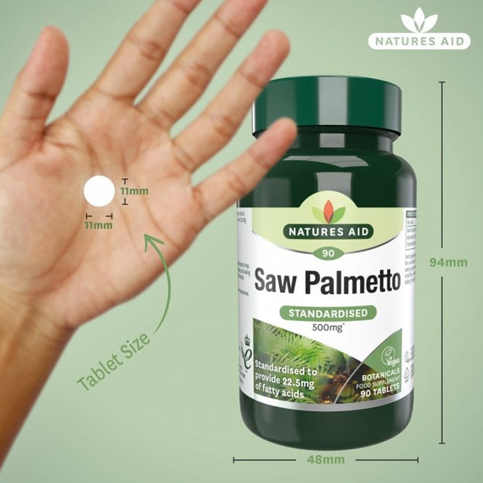 Natures Aid Saw Palmetto supplement bottle with hand for size comparison on a green background