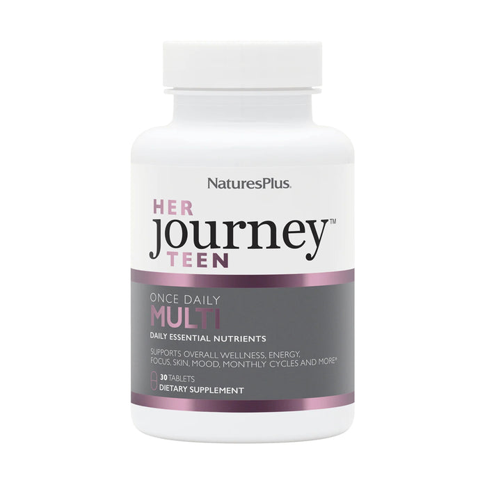 A white plastic bottle of NaturesPlus Her Journey Teen Once Daily Multi-vitamin  supplement.