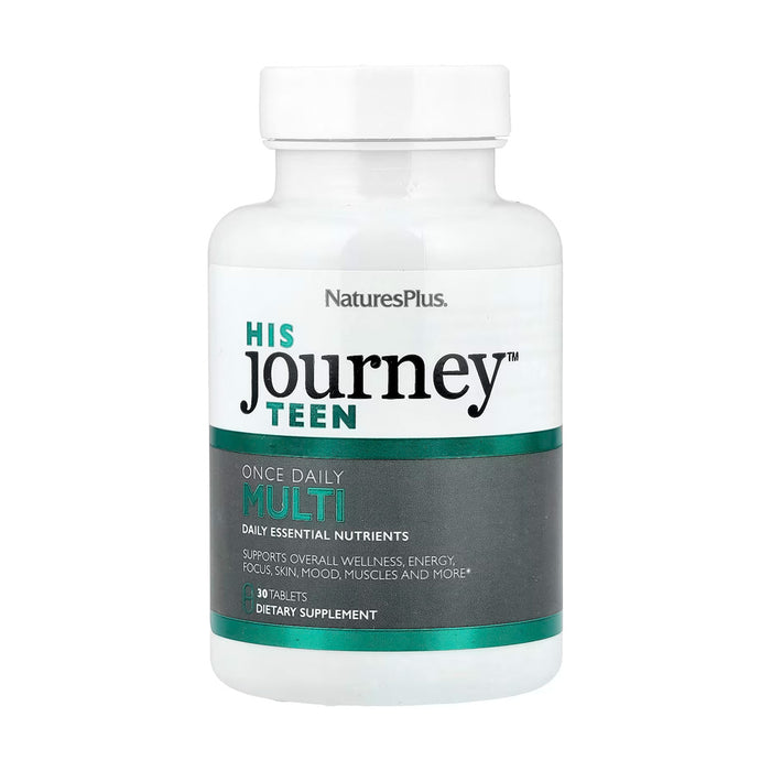 A white plastic bottle of NaturesPlus His Journey Teen Once Daily Multi dietary supplement.