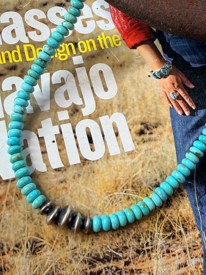 Navajo Handmade Mine Number 8 and Saucer bead Necklace by Kimberly Tom 18”