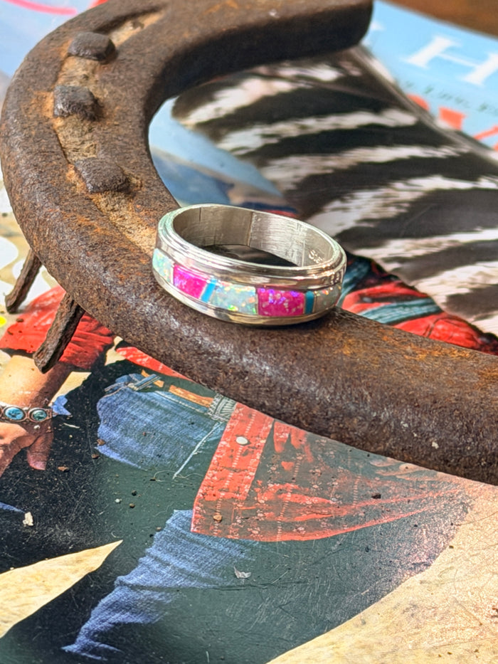 Navajo Handmade Opal Inlay Ring by Wilbert Muskett size 8