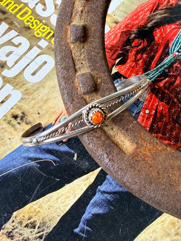 Navajo Handmade Orange Opal Baby Cuff  by Esther White