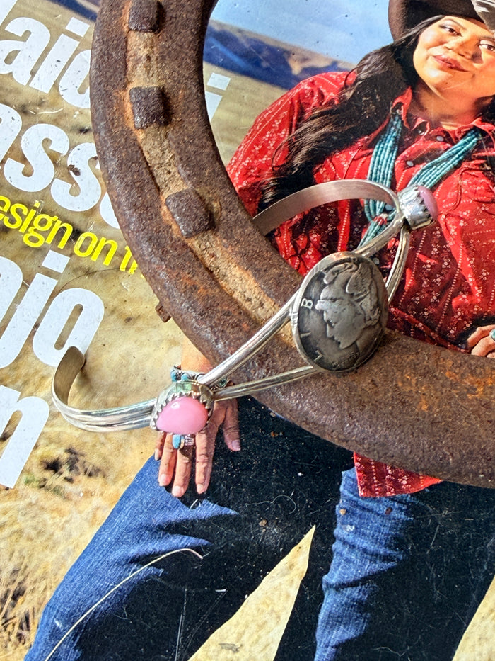 Navajo Handmade Pink Conch and Mercury Dime Cuff by Keith Henry