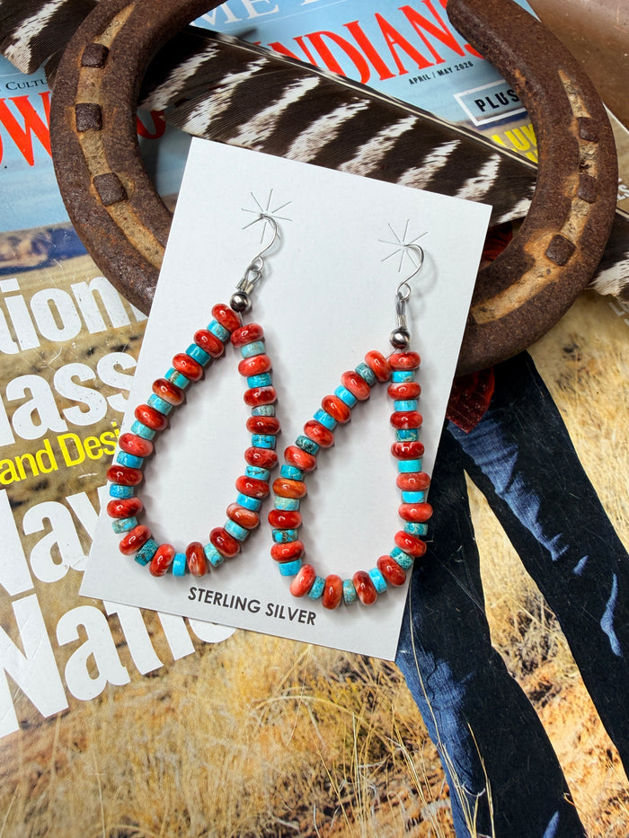 Navajo Handmade Red Spiny and Turquoise Beaded Earrings