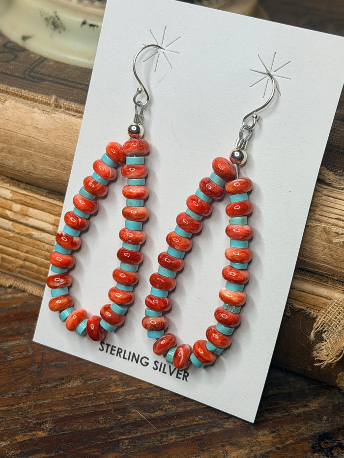 Navajo Handmade Red Spiny and Turquoise Beaded Earrings