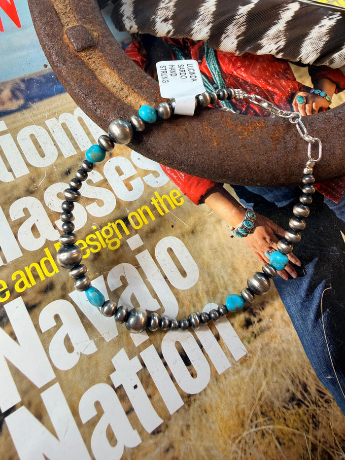 Navajo Handmade Sterling Silver and Kingman Bracelet by Lucinda Sardo