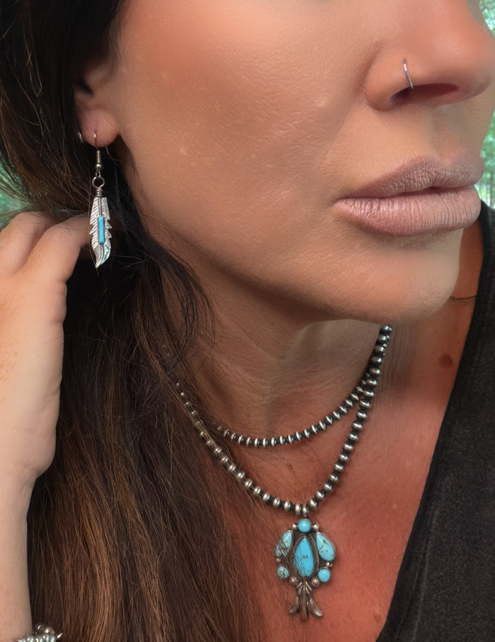 Navajo Handmade Sterling Silver and Kingman Turquoise Feather Earrings by Allen Barney