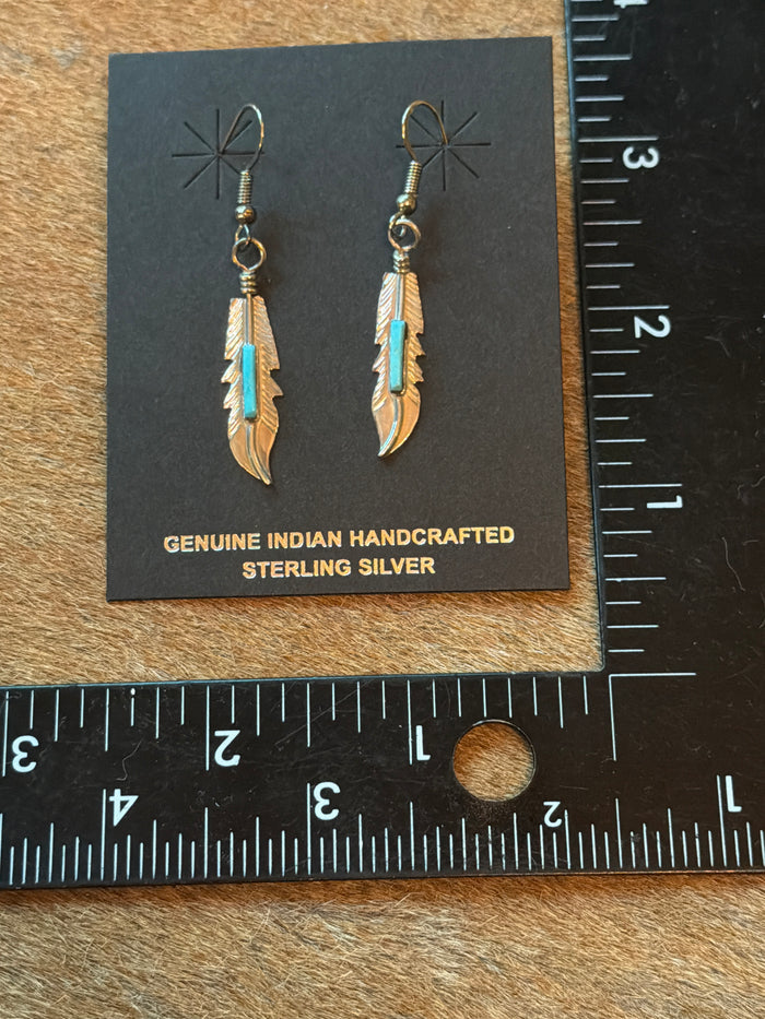 Navajo Handmade Sterling Silver and Kingman Turquoise Feather Earrings by Allen Barney