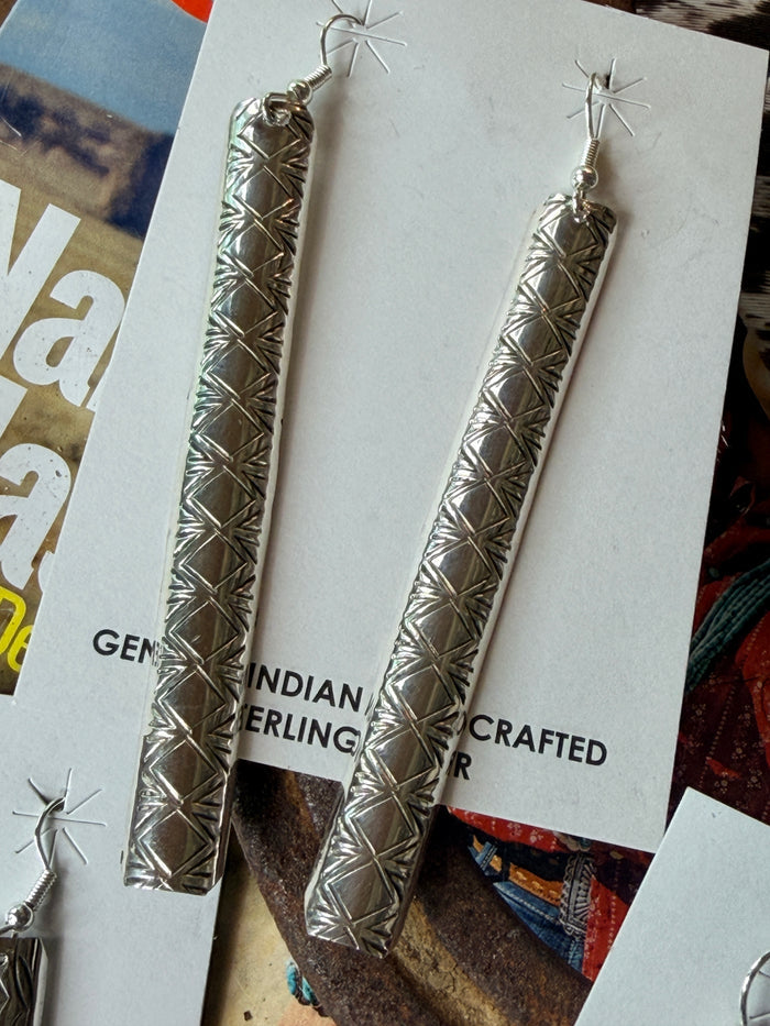 Navajo Handmade Sterling Silver Stamped Earrings by Florence Tahe