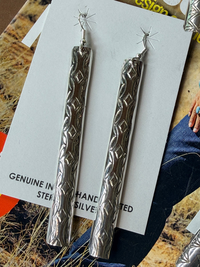 Navajo Handmade Sterling Silver Stamped Earrings by Florence Tahe