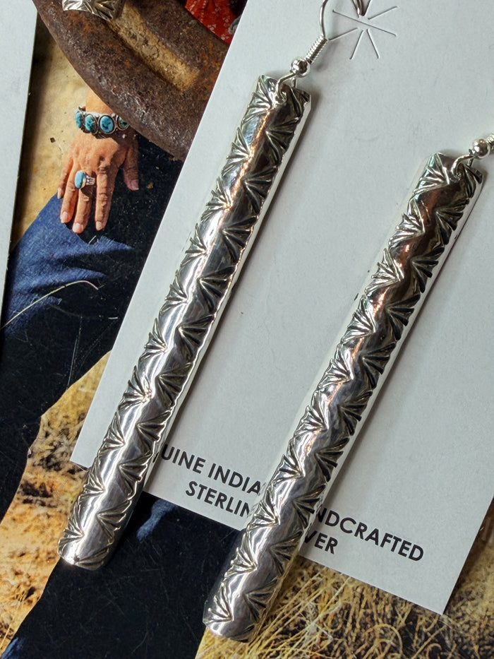Navajo Handmade Sterling Silver Stamped Earrings by Florence Tahe