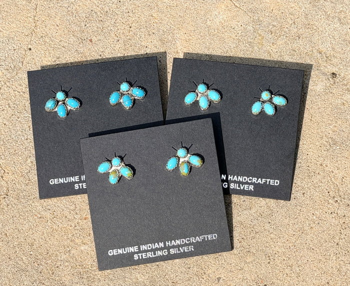 Navajo Made Kingman Turquoise & Sterling Silver Post Mini Cluster Earrings