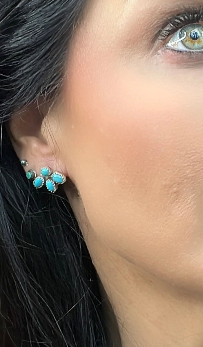 Navajo Made Kingman Turquoise & Sterling Silver Post Mini Cluster Earrings