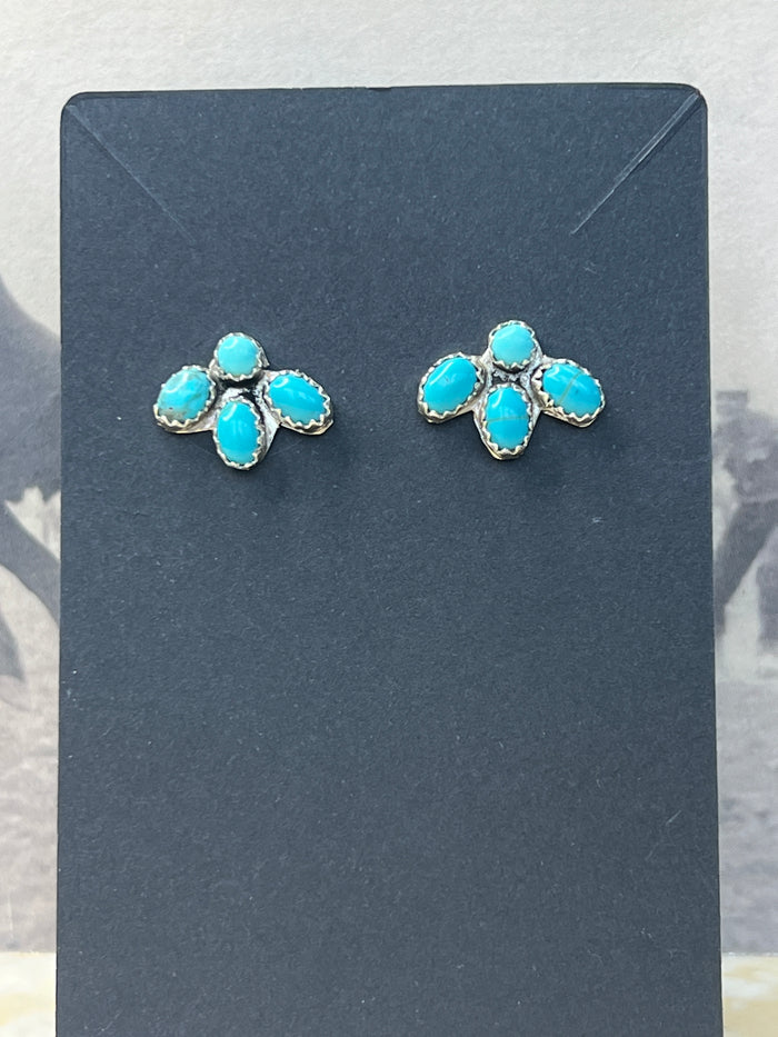Navajo Made Kingman Turquoise & Sterling Silver Post Mini Cluster Earrings