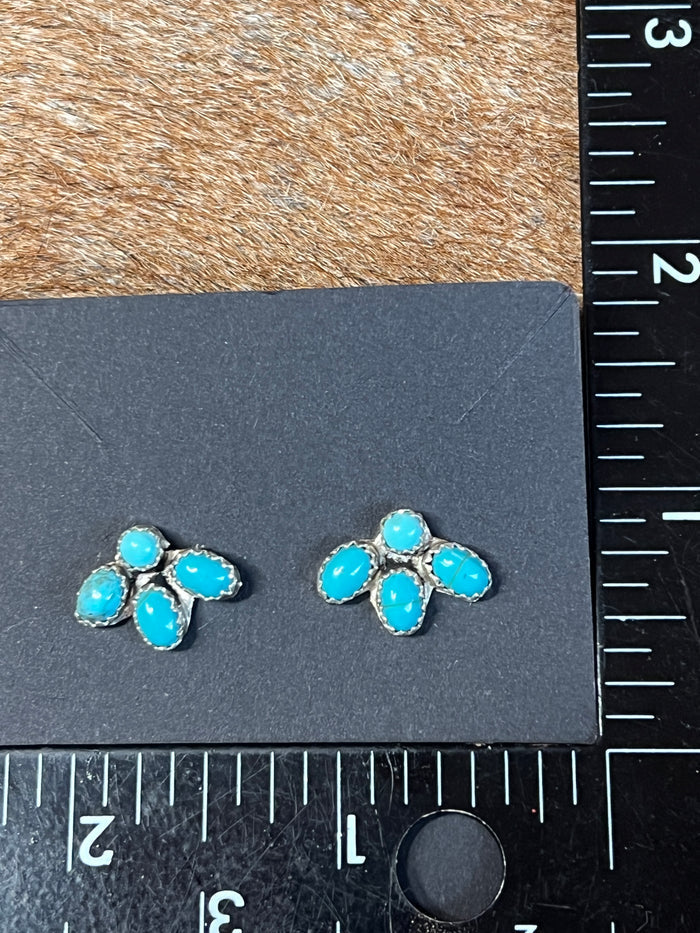 Navajo Made Kingman Turquoise & Sterling Silver Post Mini Cluster Earrings