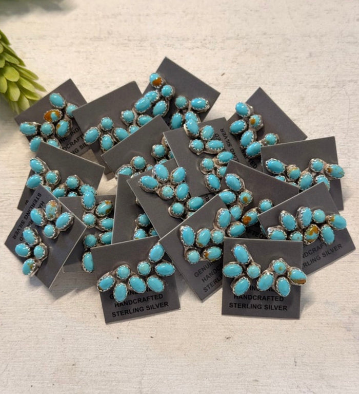 Navajo Made Kingman Turquoise & Sterling Silver Post Mini Cluster Earrings