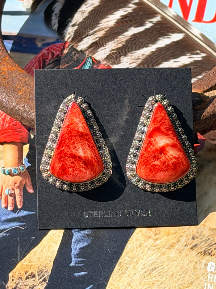 Navajo Made Thick Red Spiny Oyster Post Earrings by Julia Etsitty