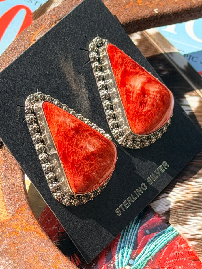 Navajo Made Thick Red Spiny Oyster Post Earrings by Julia Etsitty