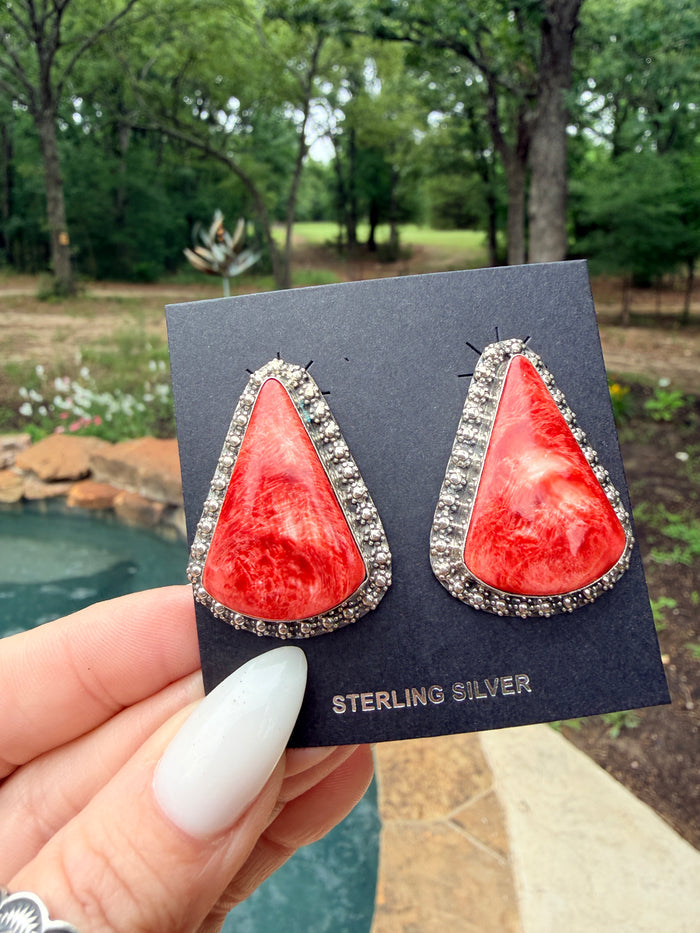 Navajo Made Thick Red Spiny Oyster Post Earrings by Julia Etsitty