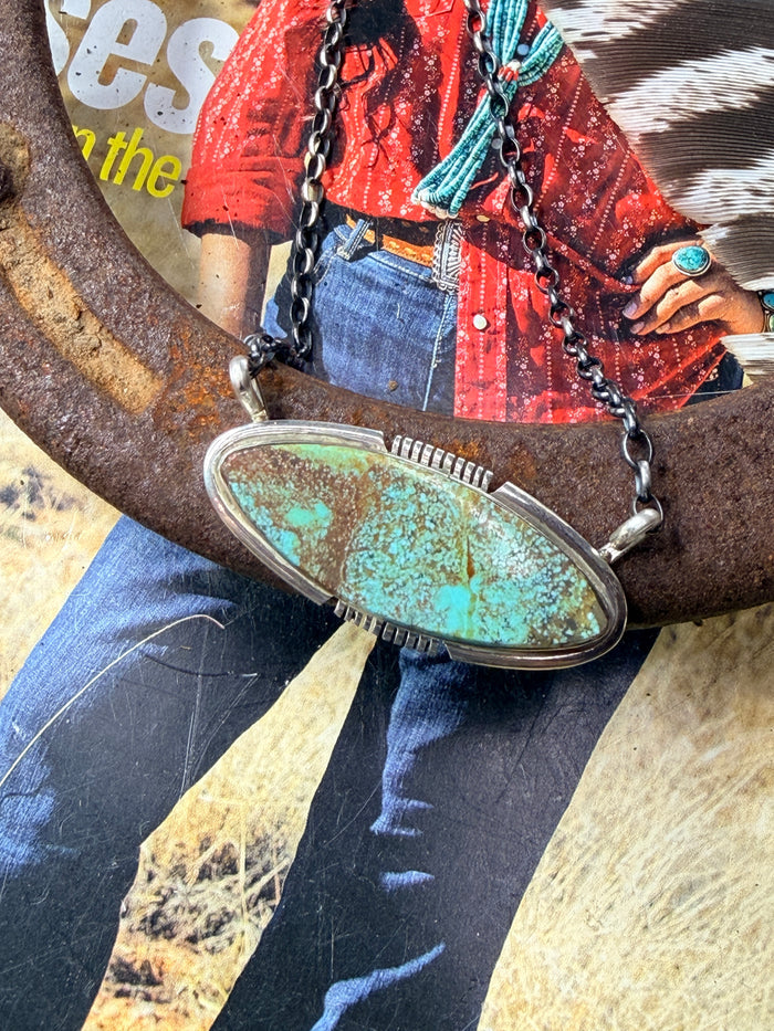 Navajo Sterling Silver Numver 8 Turquoise Inlay Necklace By Steve Francisco