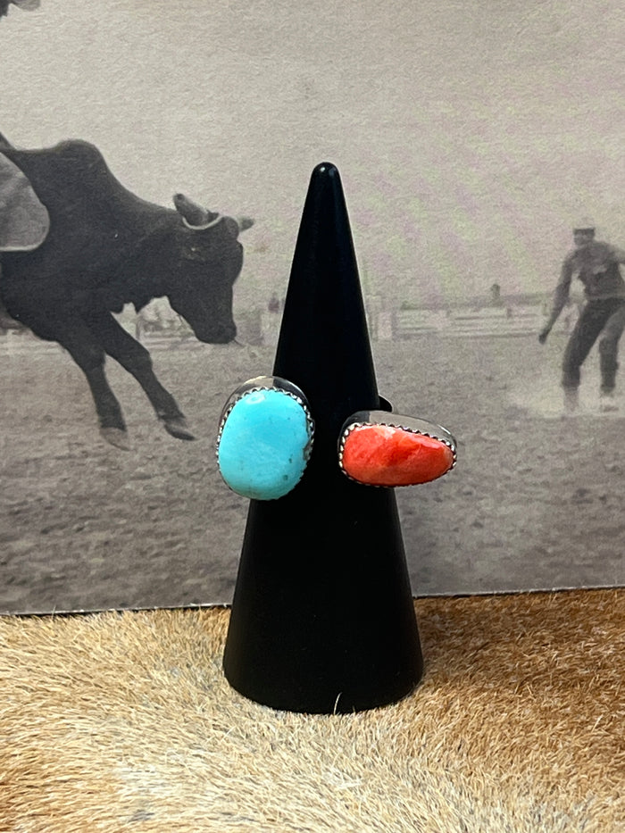 Navajo Turquoise Spiny Ring Sz 8 Adjustable Sterling Silver J Long