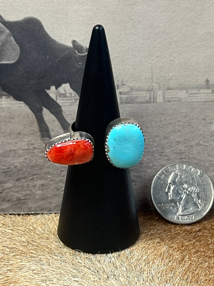 Navajo Turquoise Spiny Ring Sz 8 Adjustable Sterling Silver J Long