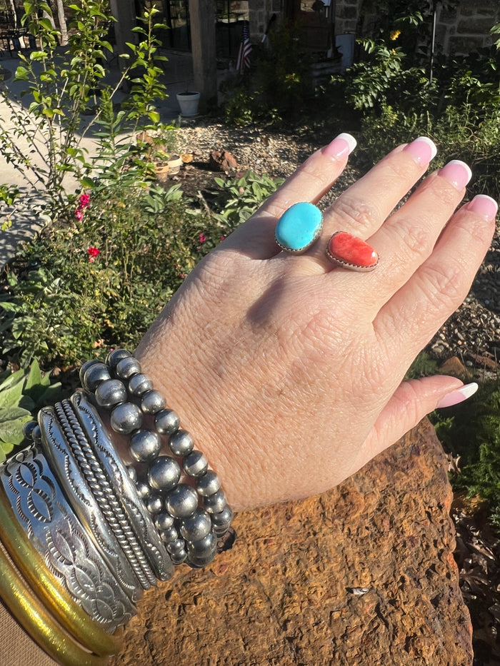 Navajo Turquoise Spiny Ring Sz 8 Adjustable Sterling Silver J Long