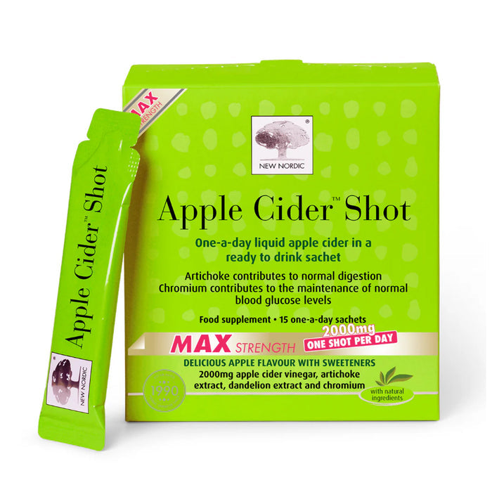 Green packaging of New Nordic Apple Cider Shot with a single sachet on a white background