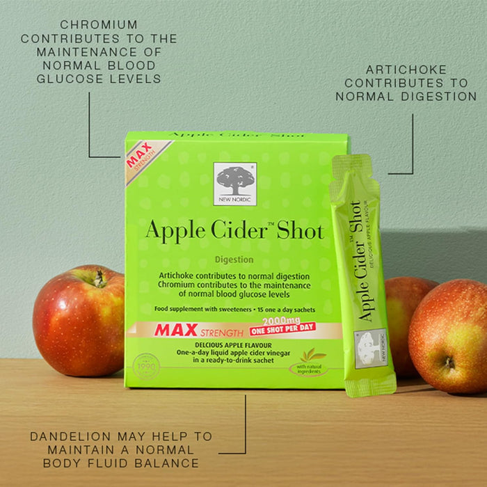 Green Apple Cider Shot packaging with an apple on a wooden surface