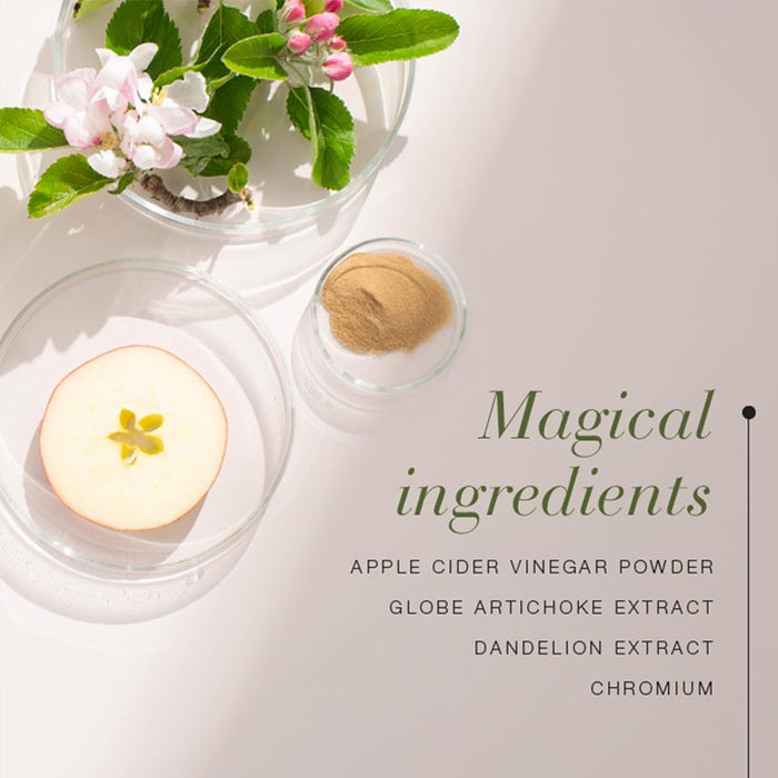 Three small containers with ingredients on a light surface, accompanied by text listing 'Magical ingredients'.