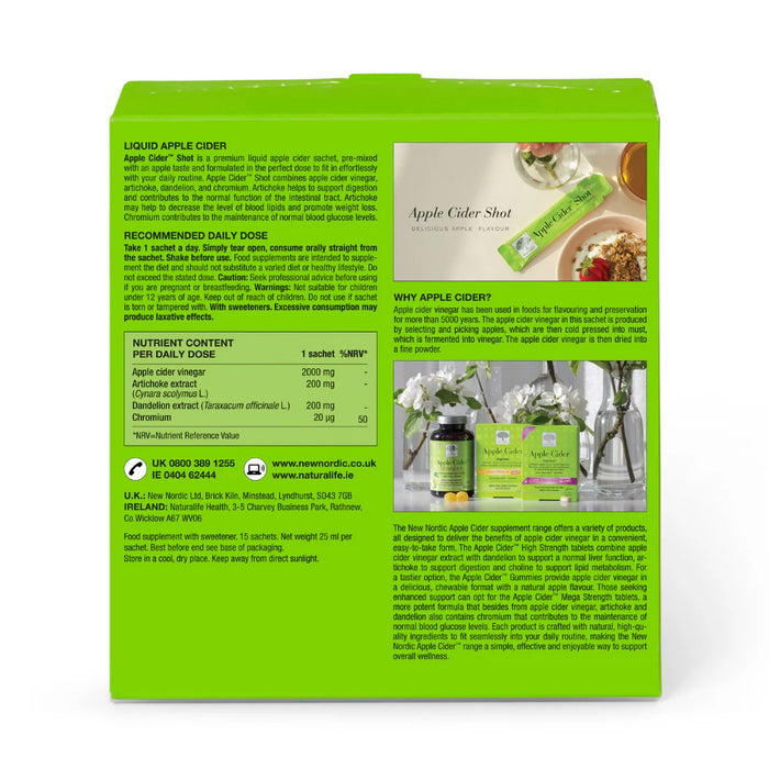 Green supplement package with text and images of apple cider vinegar bottles on a white background