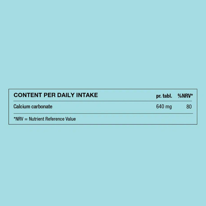 Nutritional label for calcium carbonate tablets on a light blue background