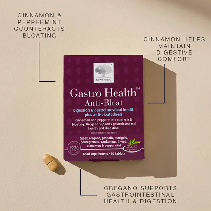 Purple packaging of Gastro Health Anti-Bloat supplement on a beige background