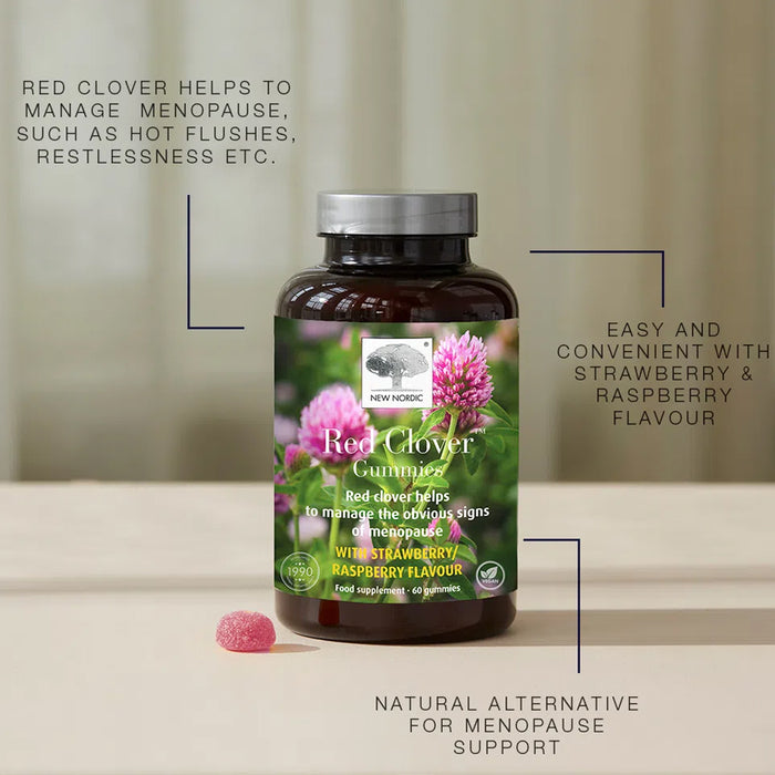 Bottle of New Nordic Red Clover Gummies with text about menopause support on a neutral background