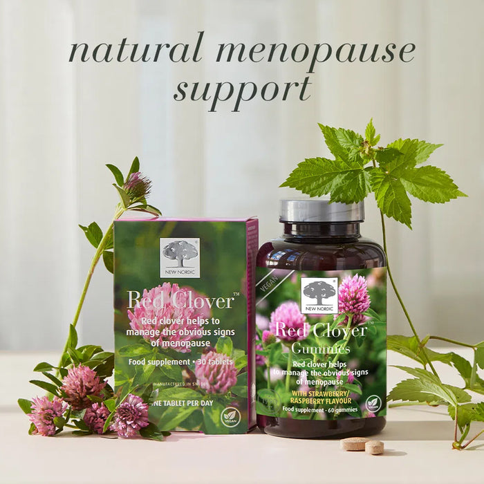 Red Clover supplement packaging with plants and flowers on a light background