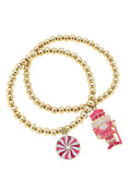 Nutcracker Ball Bead Stretch Bracelet Set of 2 in Shiny Gold
