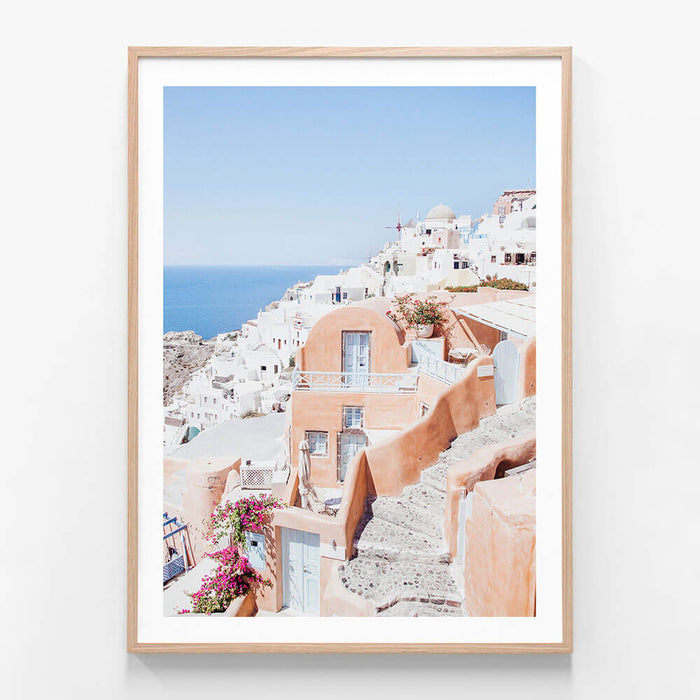 Oia Afternoon wall art print in oak frame