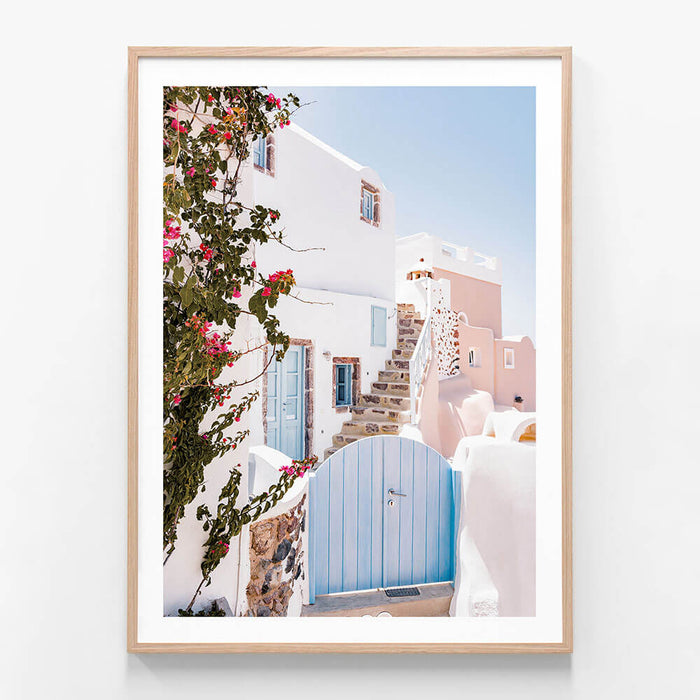 Oia Retreat wall art print in oak frame