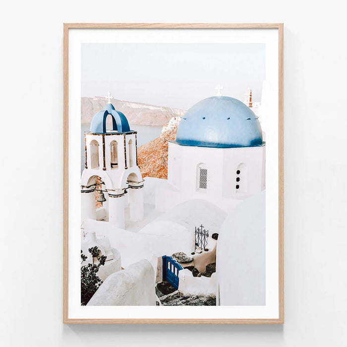 Oia Sunrise wall art print in oak frame