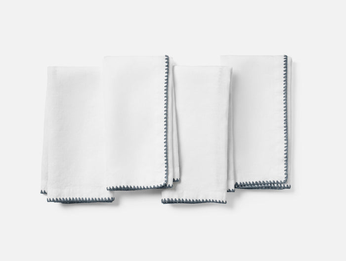 Olivos Embroidered Organic Linen Napkins - Coyuchi | Alpine White w/Gulf