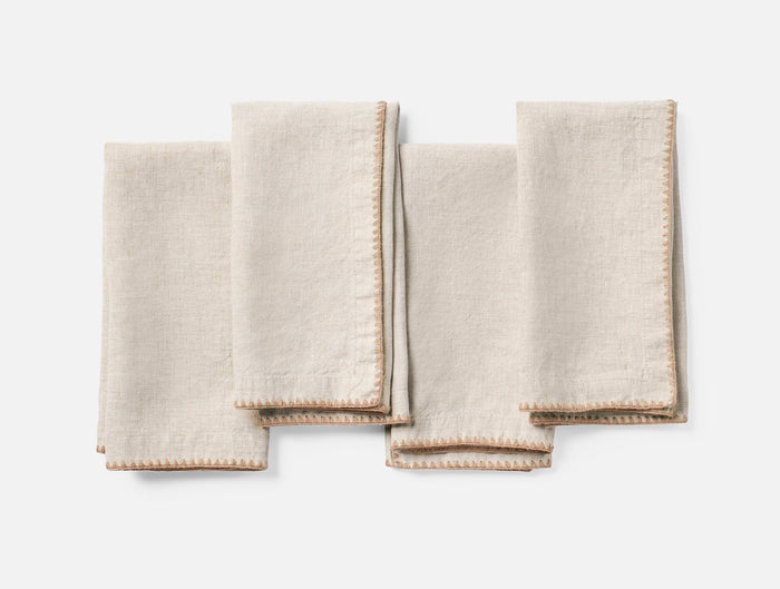 Olivos Embroidered Organic Linen Napkins - Coyuchi | Natural Chambray w/Praline
