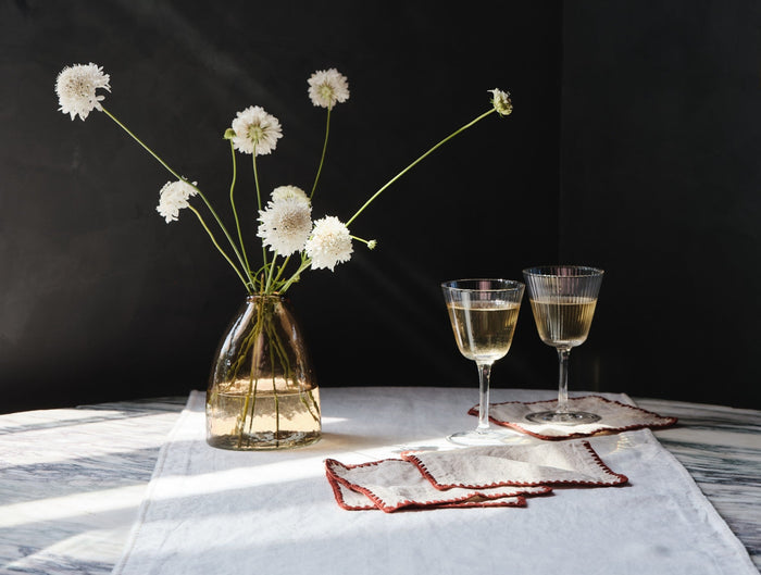 Olivos Embroidered Organic Linen Cocktail Napkins | Natural Chambray w/Claret