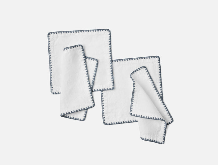 Olivos Embroidered Organic Linen Napkins - Coyuchi | Alpine White w/Gulf